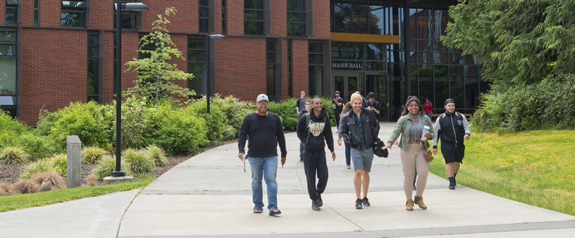 Students walking together on campus after class